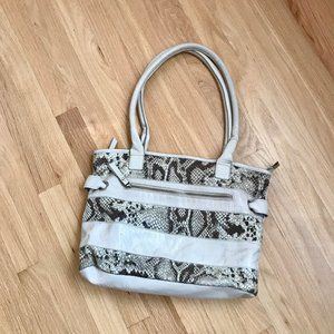 MNUE Snake Print Stripe Leather Purse Tote Beige
